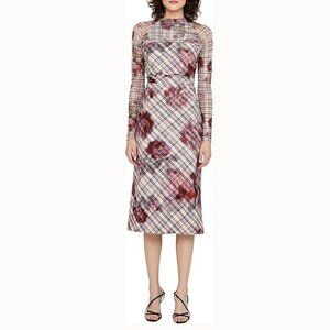 NWT AMUR Edith Pink Plaid Ruched Mesh Midi Dress Size 10